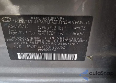 2013 Hyundai Elantra Gls z USA, uszkodzony, nr VIN 5NPDH4AE3DH255763